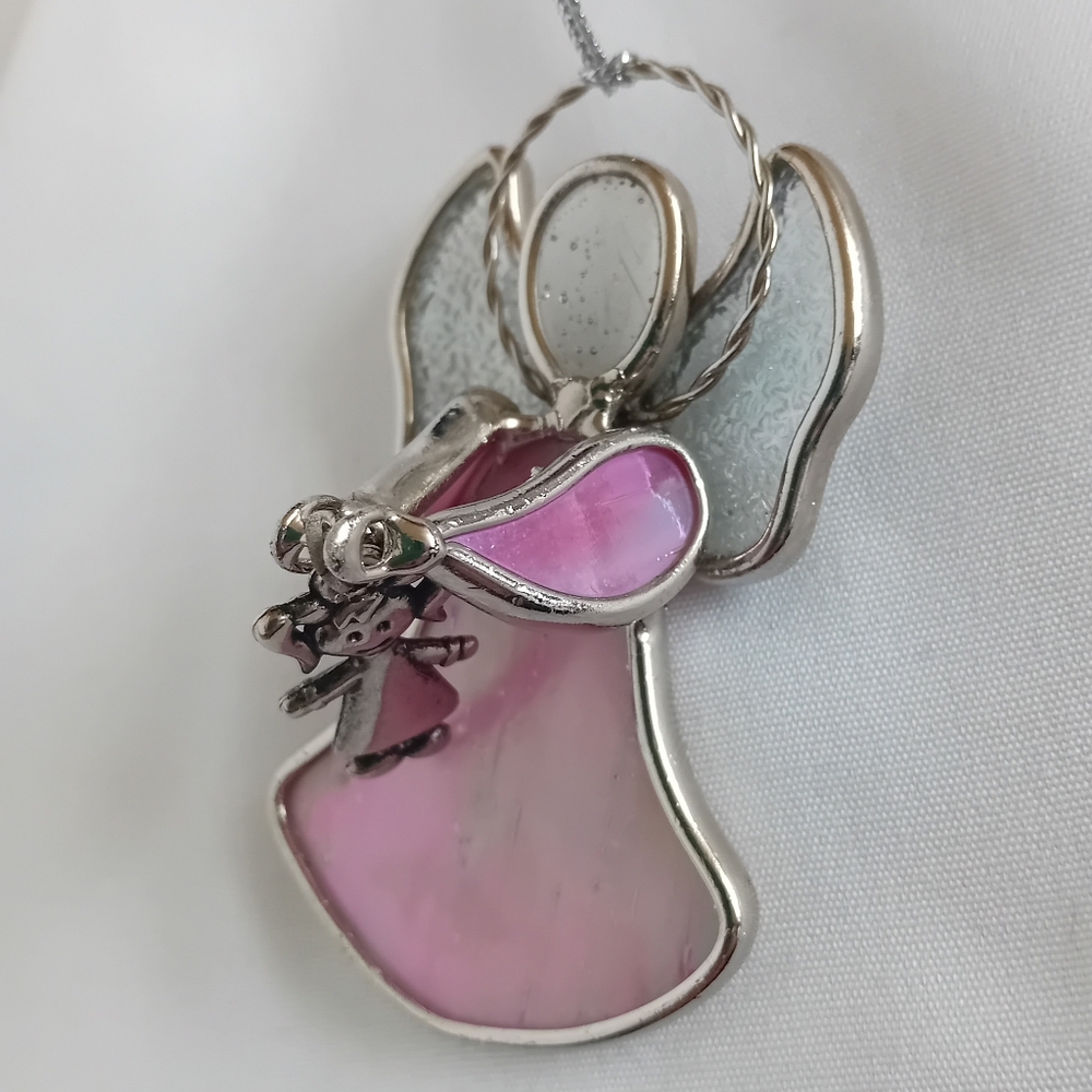 Elegant Pink and Silver Stain Glass Angel Pendant Ornament